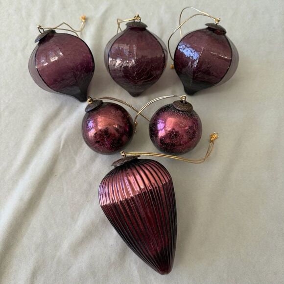 None Other - Purple Blown Glass Kugel Ball Christmas Ornament Set Of 6